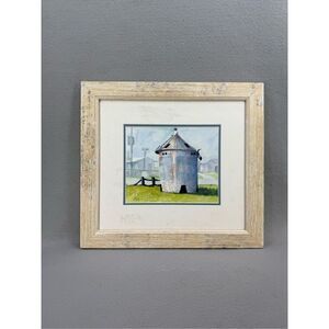 Framed Farmhouse Silos Watercolor Pastel Colors Signed Artwork